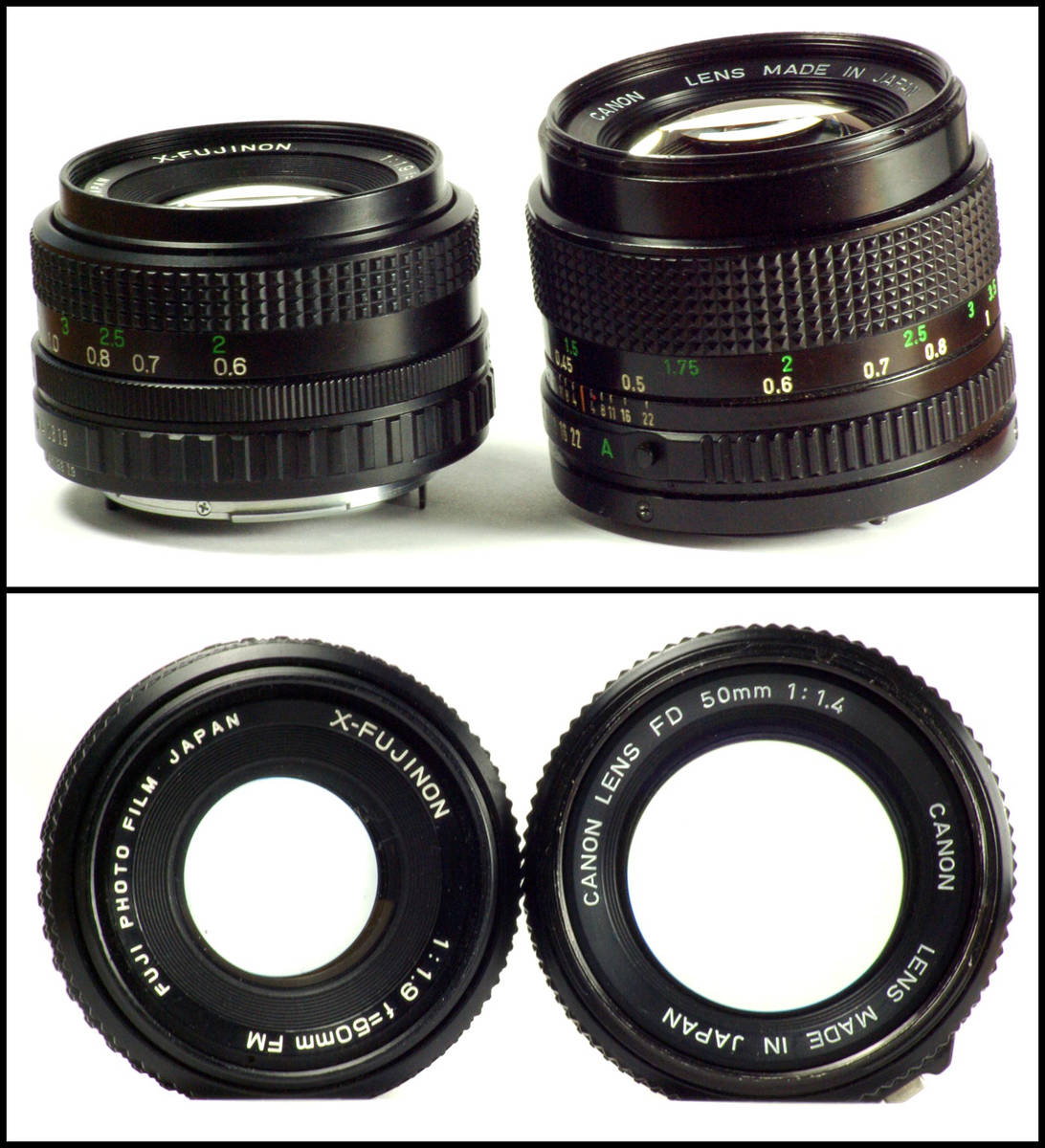 Comparaison visuelle du diamètre de l'ouverture de deux objectifs 50mm : un modèle f/1.9 et un modèle f/1.4, ce dernier présentant une ouverture visiblement plus large.